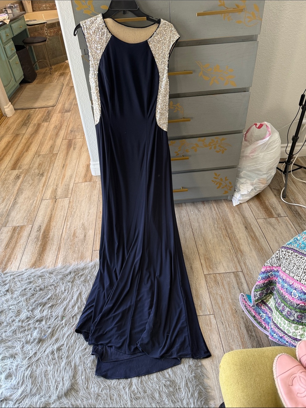 Nordstrom Navy Evening Gown with Silver Sequin Panels